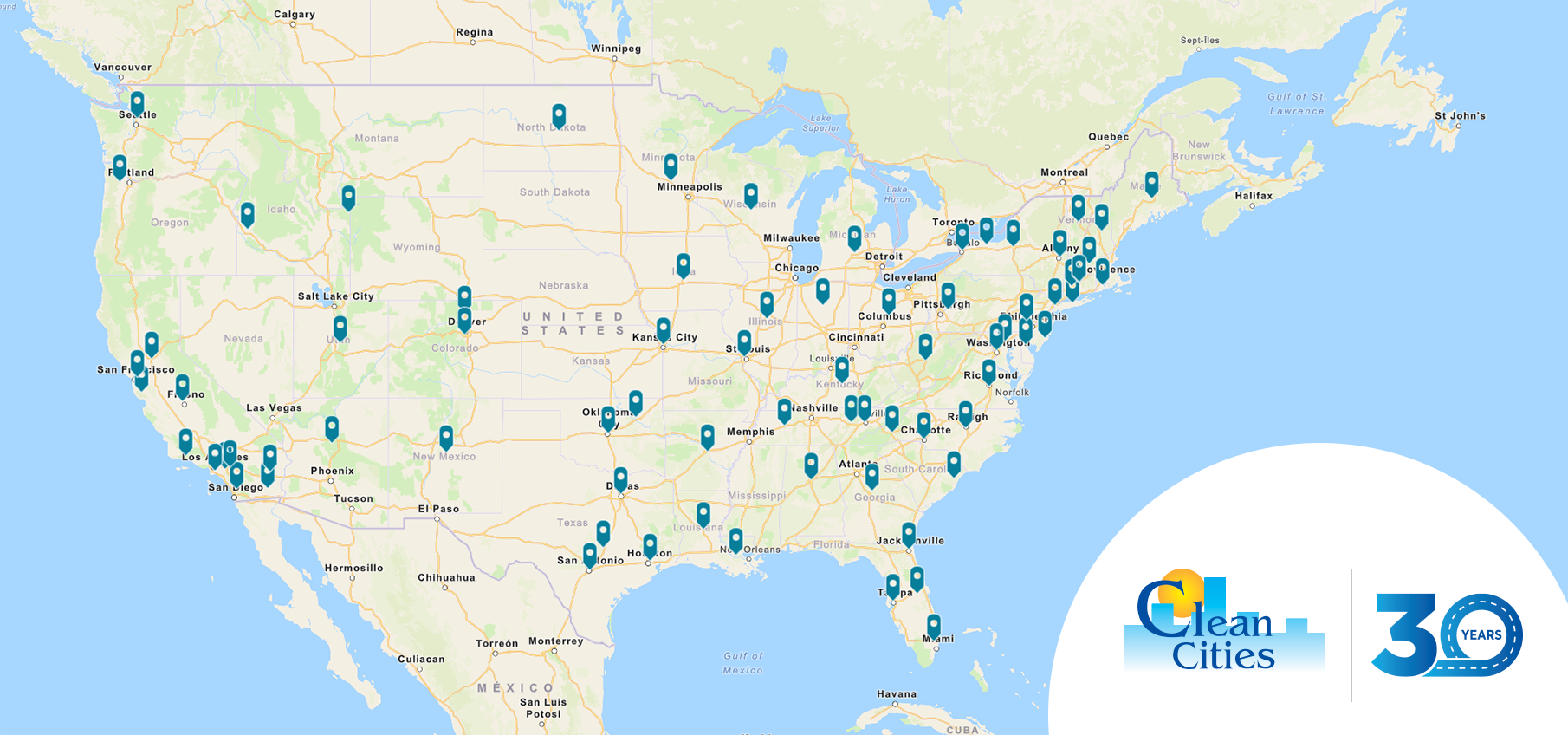 map of Clean Cities projects in local communities celebrating 30 years