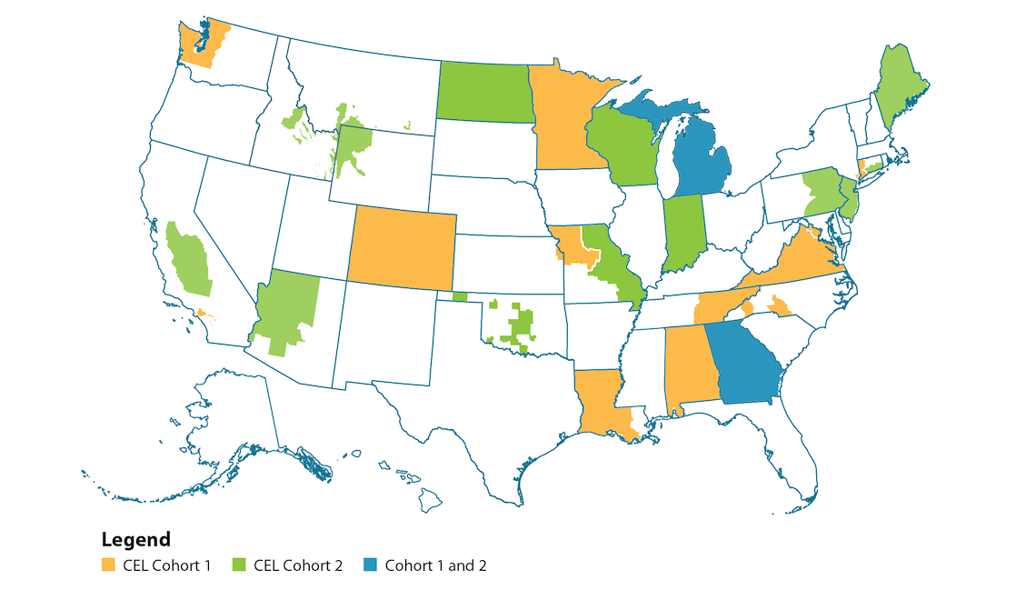 Map of each Clean Cities and Communities coalitions involved in CEL Cohort 1 and 2. Coalitions in Cohort 1 and Cohort 2 are listed below.