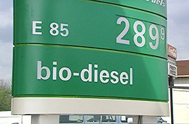 A photo of the price of biodiesel and E85 listed at $2.899 at the pump.