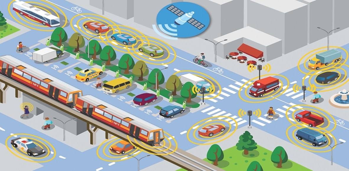 A bird's eye view graphic of vehicles traveling on multiple roads, signifying the potential energy usage scenarios that could result from new energy efficient mobility system technologies'.