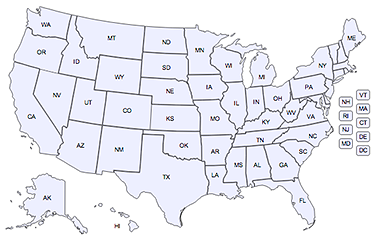 A graphic of the map of the United States with the state identified by two capital letters. When you click a state on the map, you're taken to a list of incentives, laws, and regulations for that stat