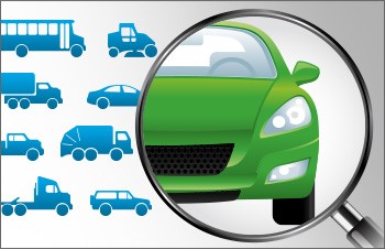 A graphic of various small blue vehicles with one larger, green car shown under a magnifying glass.
