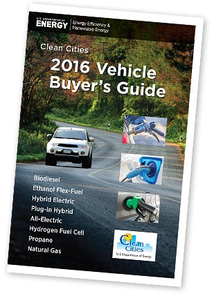 Photo of the cover of the 2016 Vehicle Buyer's Guide, featuring a white SUV driving on a road with fall colors.