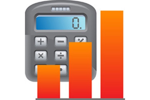 A graphic of a calculator with an orange bar graph next to it.