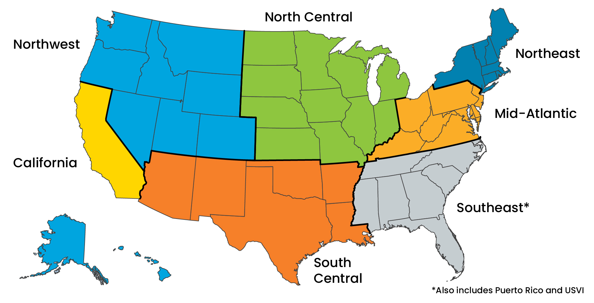 United States map showing the states in each Clean Cities region. The Northwest region includes Alaska, Colorado, Hawaii, Idaho, Montana, Nevada, Oregon, Utah, Washington, and Wyoming. The North Central region includes Illinois, Indiana, Iowa, Kansas, Michigan, Minnesota, Missouri, Nebraska, North Dakota, South Dakota, and Wisconsin. The Northeast region includes Connecticut, Maine, Massachusetts, New Hampshire, New York, Rhode Island, and Vermont. The Mid-Atlantic region includes the District of Columbia, Delaware, Maryland, Kentucky, New Jersey, Ohio, Pennsylvania, Puerto Rico, U.S. Virgin Islands, Virginia, and West Virginia. The Southeast region includes Alabama, Florida, Georgia, Mississippi, North Carolina, South Carolina, and Tennessee. The South Central region includes Arizona, Arkansas, Louisiana, New Mexico, Oklahoma, and Texas. The California region includes California.