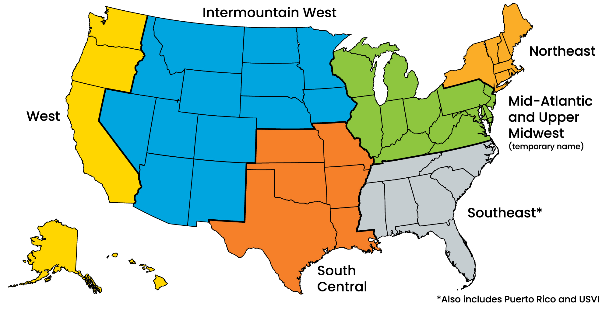 United States map showing the states in each Clean Cities region