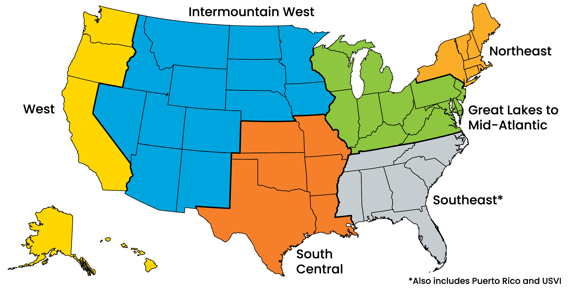 United States map showing the states in each Clean Cities region